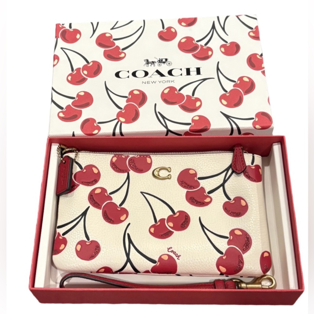 * New Coach Cherry pattern pebble leather Wristlet